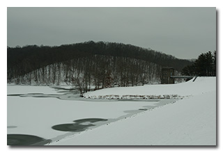 The pumphouse and a frozen Burr Oak Lake -- click to enlarge
