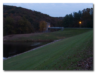 A view of the reservior and pumphouse at dusk -- click to enlarge