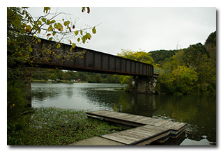 The former railroad viaduct which now carries the Monongahela River Trail over Prickett Creek, at the confluence with the Monongahela River -- click to enlarge
