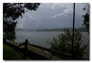 The Silver Memorial Bridge over the Ohio River, viewed through rain -- click to enlarge