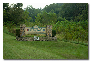 The sign: Welcome to Strouds Run State Park