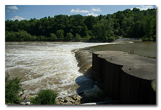 The Muskingum River roars over the dam, viewed from McConnell's Island