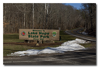 The Lake Hope State Park sign