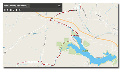 map showing North Country National Scenic Trail passing through Lake Logan State Park
